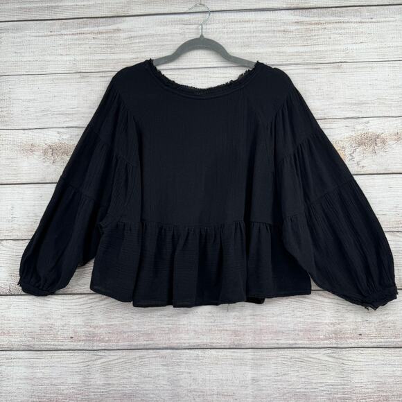 Free People Oversized Boxy Peplum Top Blouse Womens XS Black Rough Hem - Picture 1 of 12